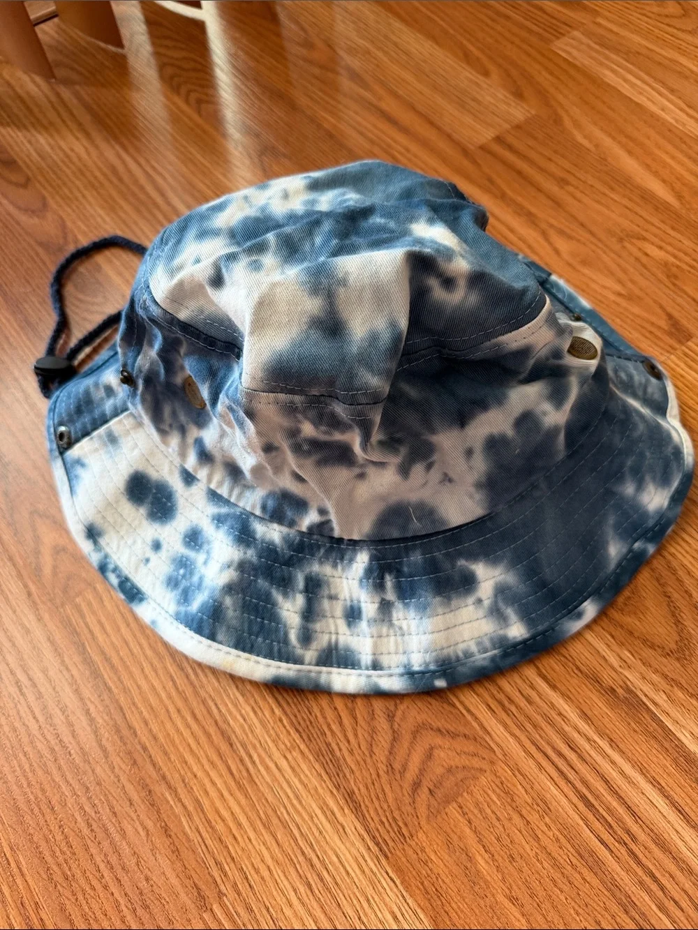 Tie-Dye Blue and White Bucket Hat with Chin Cord